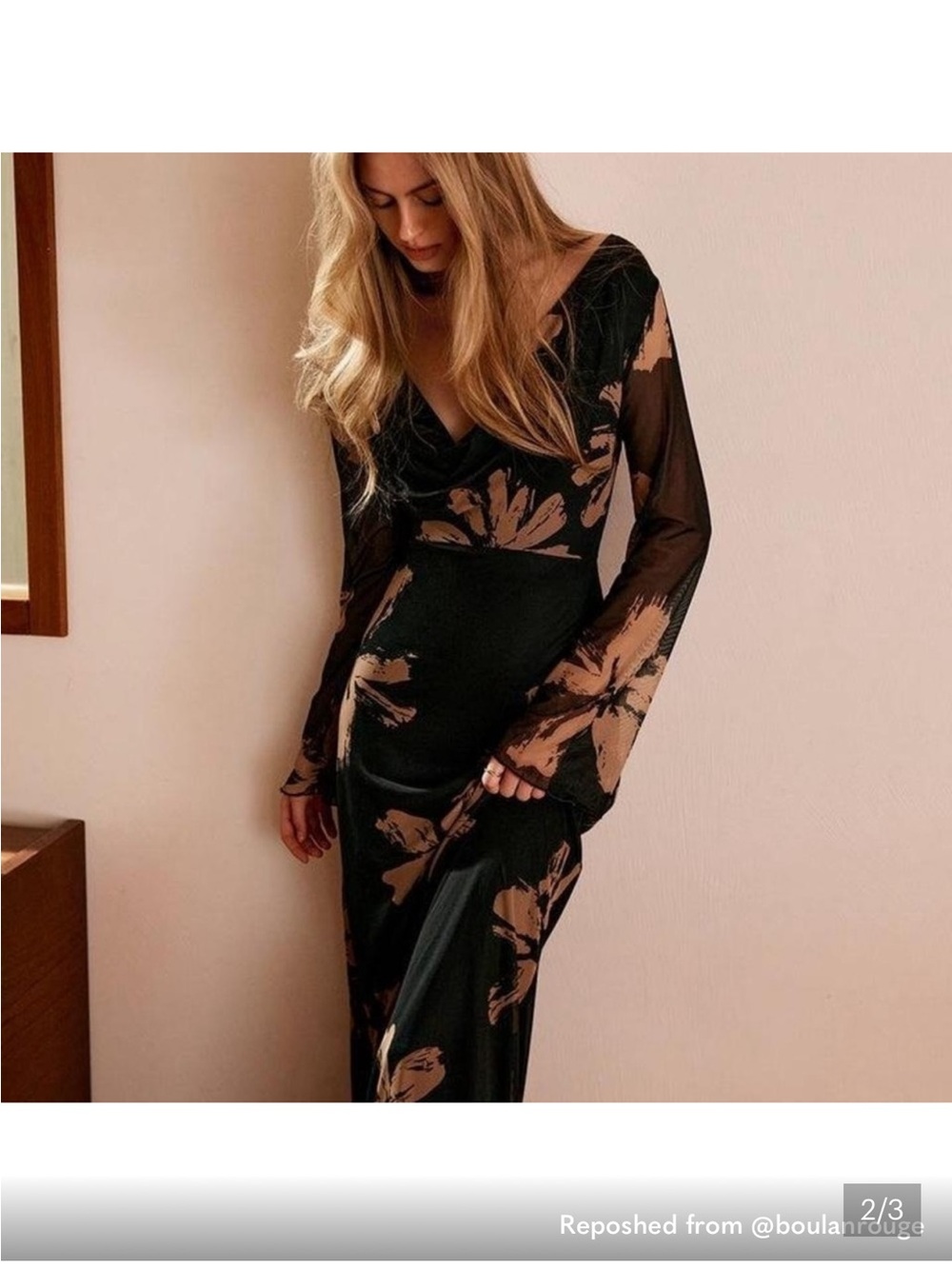 Commense Black Gown with Tan Floral Print and Sheer Long Sleeves - Picture 2 of 8